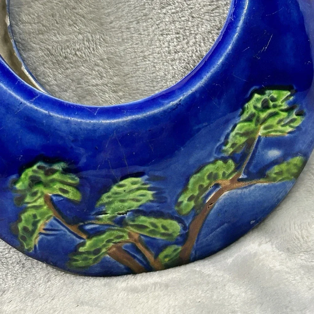 Vintage Japanese Banko Ware‎ Moon Vase Hanging Planter Crane Tree Motif